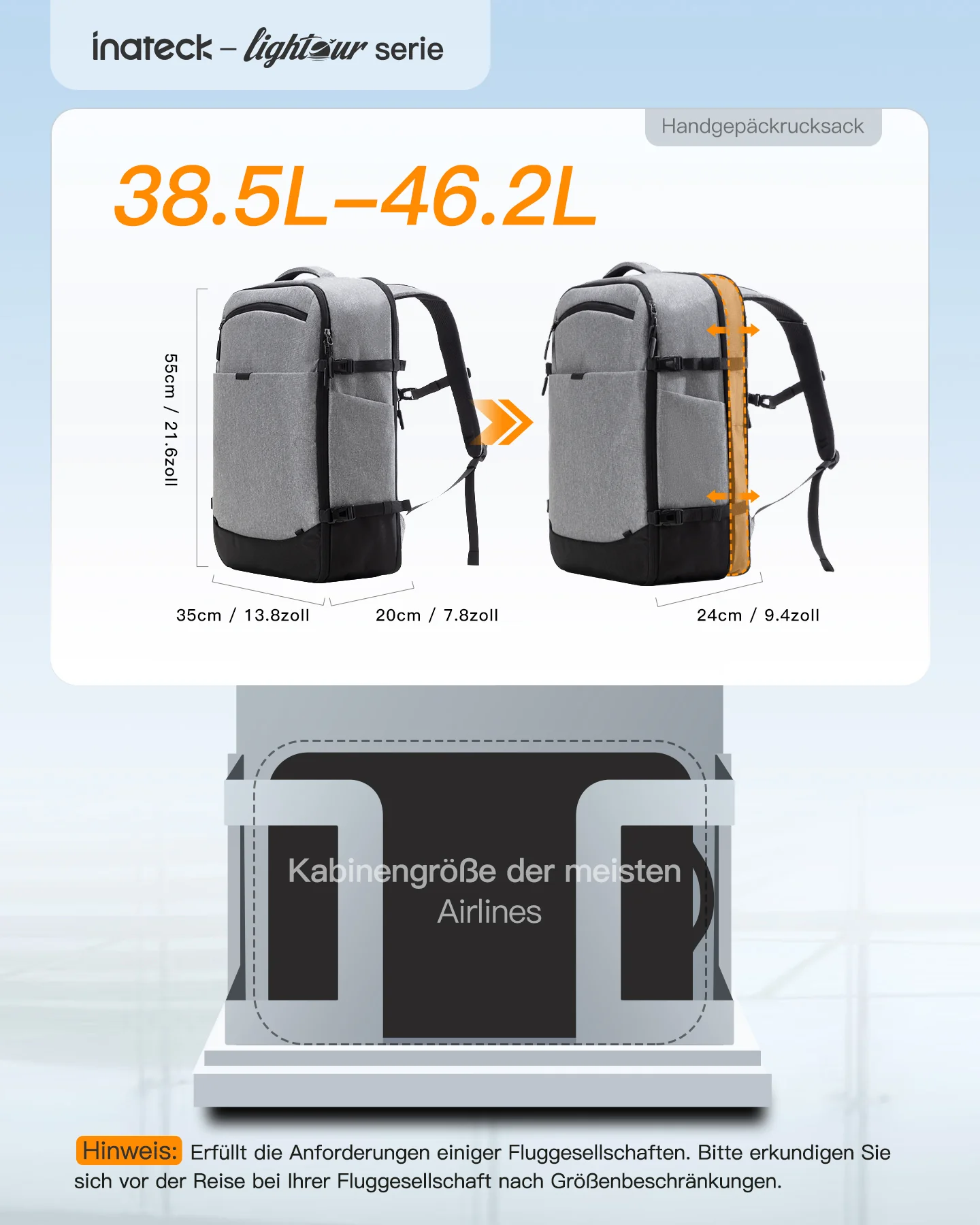 Inateck 38.5-46.2L Reiserucksack erweiterbarer Herren Damen Handgepäck Flugzeug Rucksack, 15.6 Zoll Laptop Rucksack spritzwassergeschütztes Carry on Kabinenrucksack für Weekender, BP03006 - Image 15