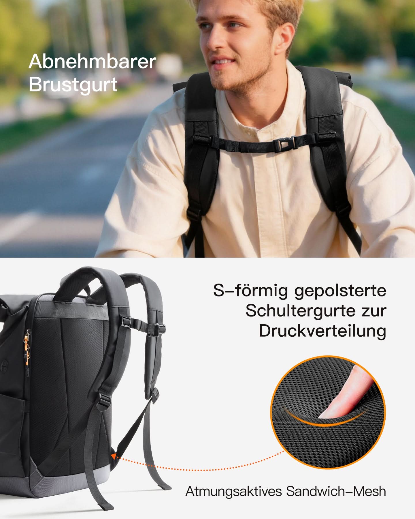 Inateck Laptop RollTop Rucksack Herren Damen 25L, Spritzwassergeschützt Schulrucksack Reiserucksack Stylische Tagesrucksack mit 17 Zoll Laptopfach, BPC21 - Image 11