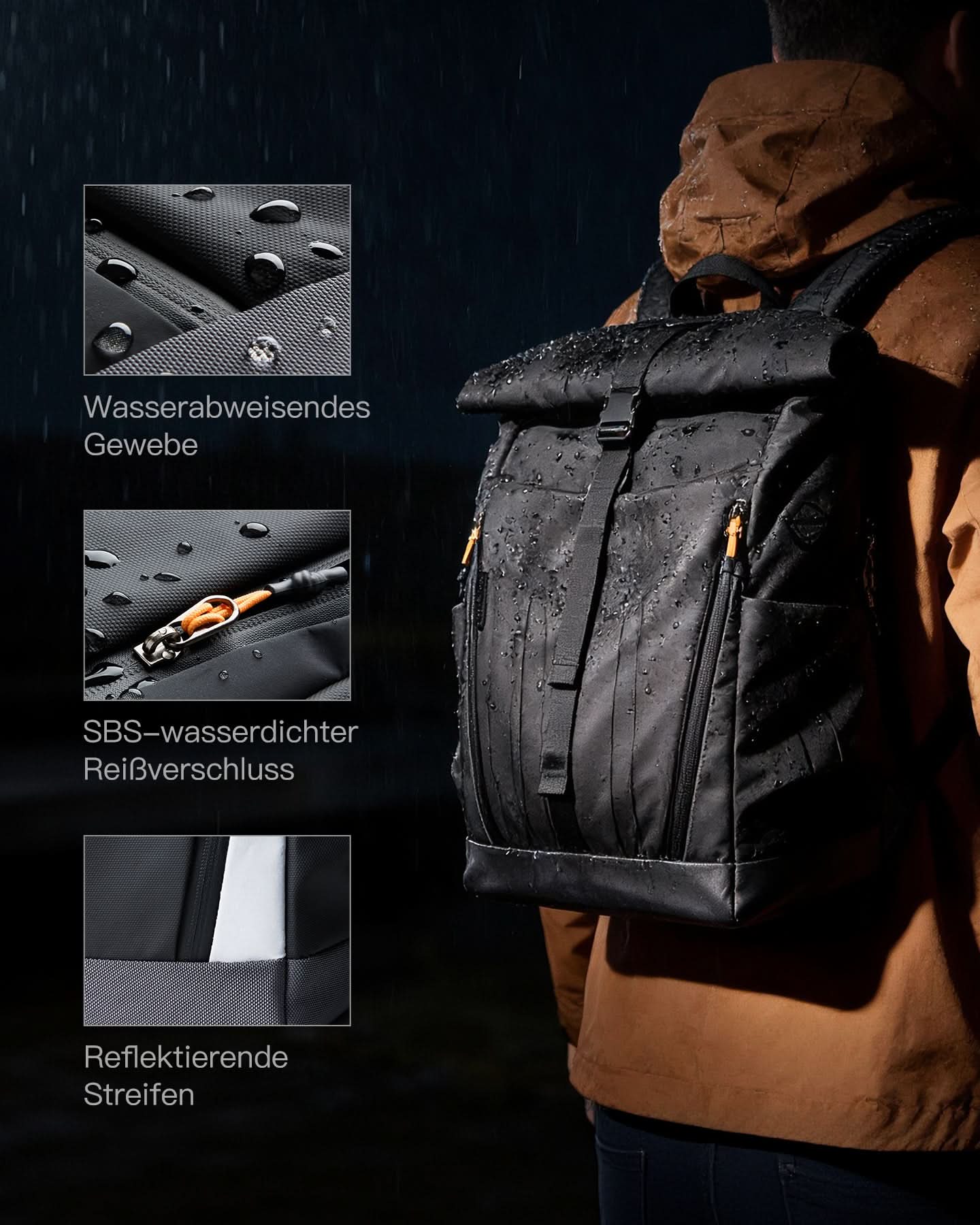 Inateck Laptop RollTop Rucksack Herren Damen 25L, Spritzwassergeschützt Schulrucksack Reiserucksack Stylische Tagesrucksack mit 17 Zoll Laptopfach, BPC21 - Image 9