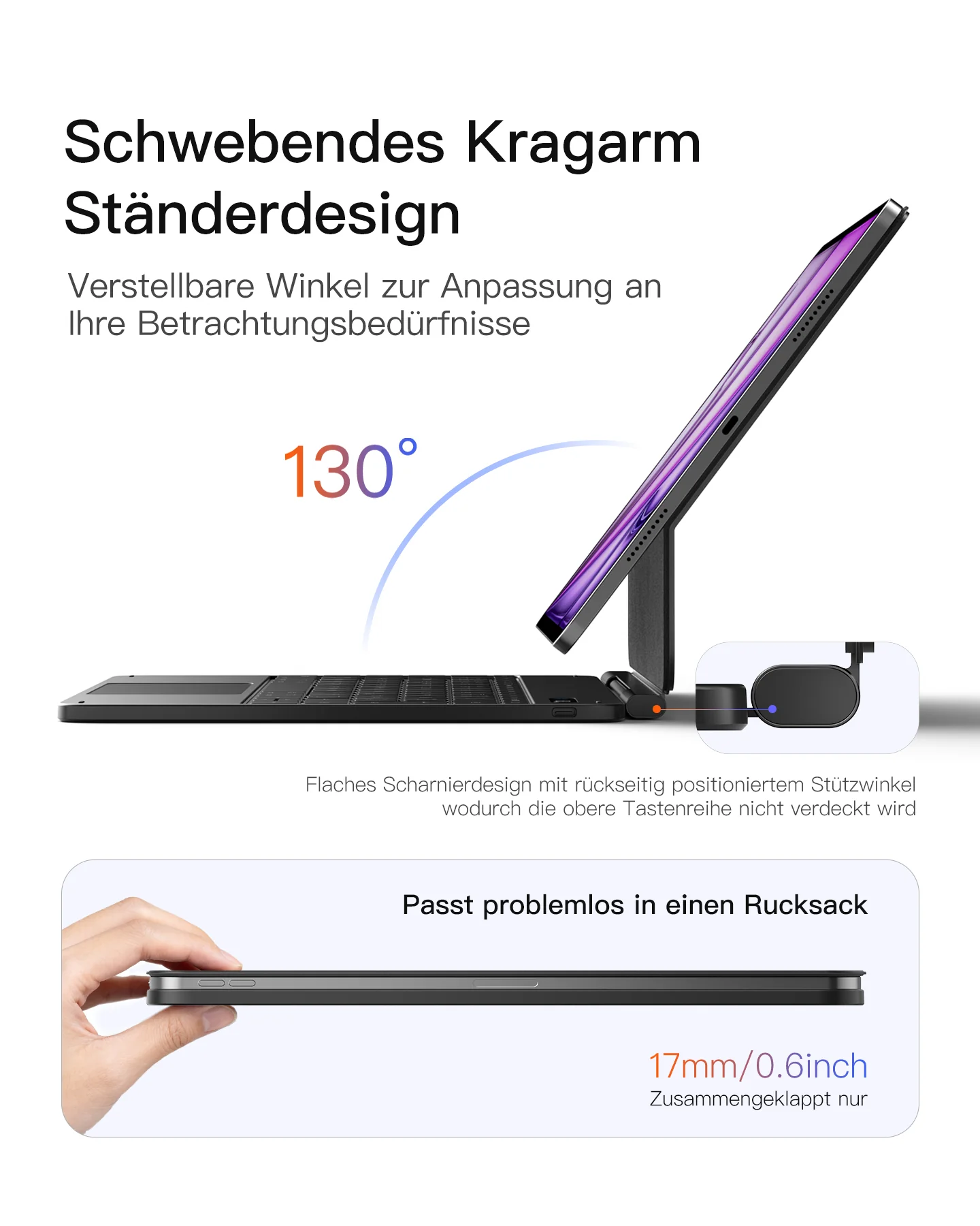 Inateck NeoMagic Magnetische Tastatur Hülle für iPad Air 13" M4/M3/M2 (2026/2025/2024), iPad Pro 12.9" 6/5/4/3 Gen,QWERTZ, KB903-13A - Image 5