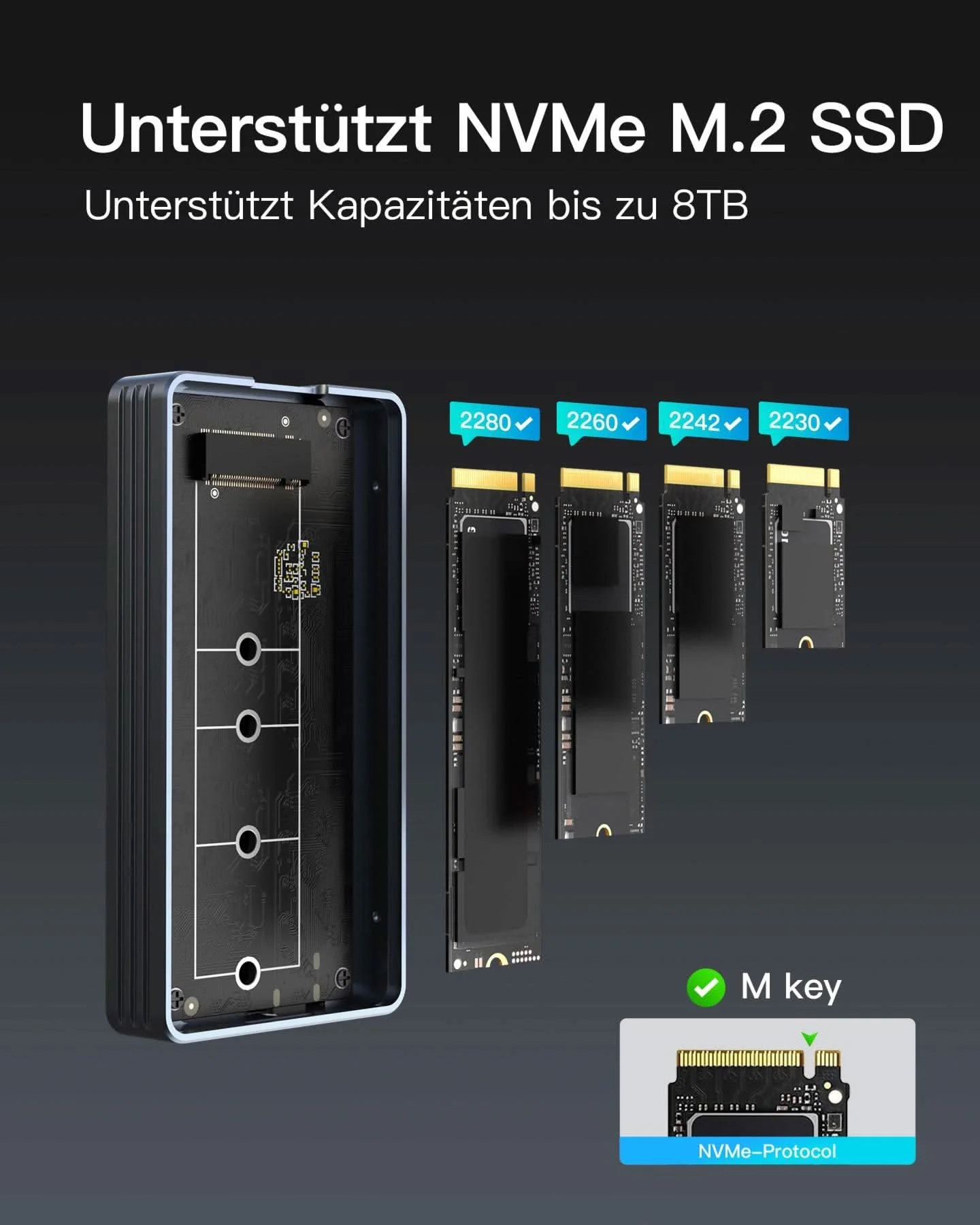 M.2 NVMe SSD-Gehäuse USB4.0/Thunderbolt 4, unterstützt 2230/2242/2260/2280 SSDs, M-Key, FE2028 - Image 6