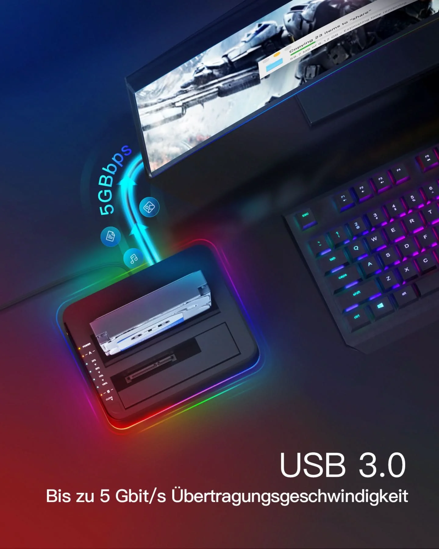 RGB Festplatten Dockingstation USB 3.0 mit Offline-Klonfunktion, für 2.5 u. 3.5 Zoll SATA HDDs und SSDs, UASP Unterstützt SA02003, Schwarz - Image 11