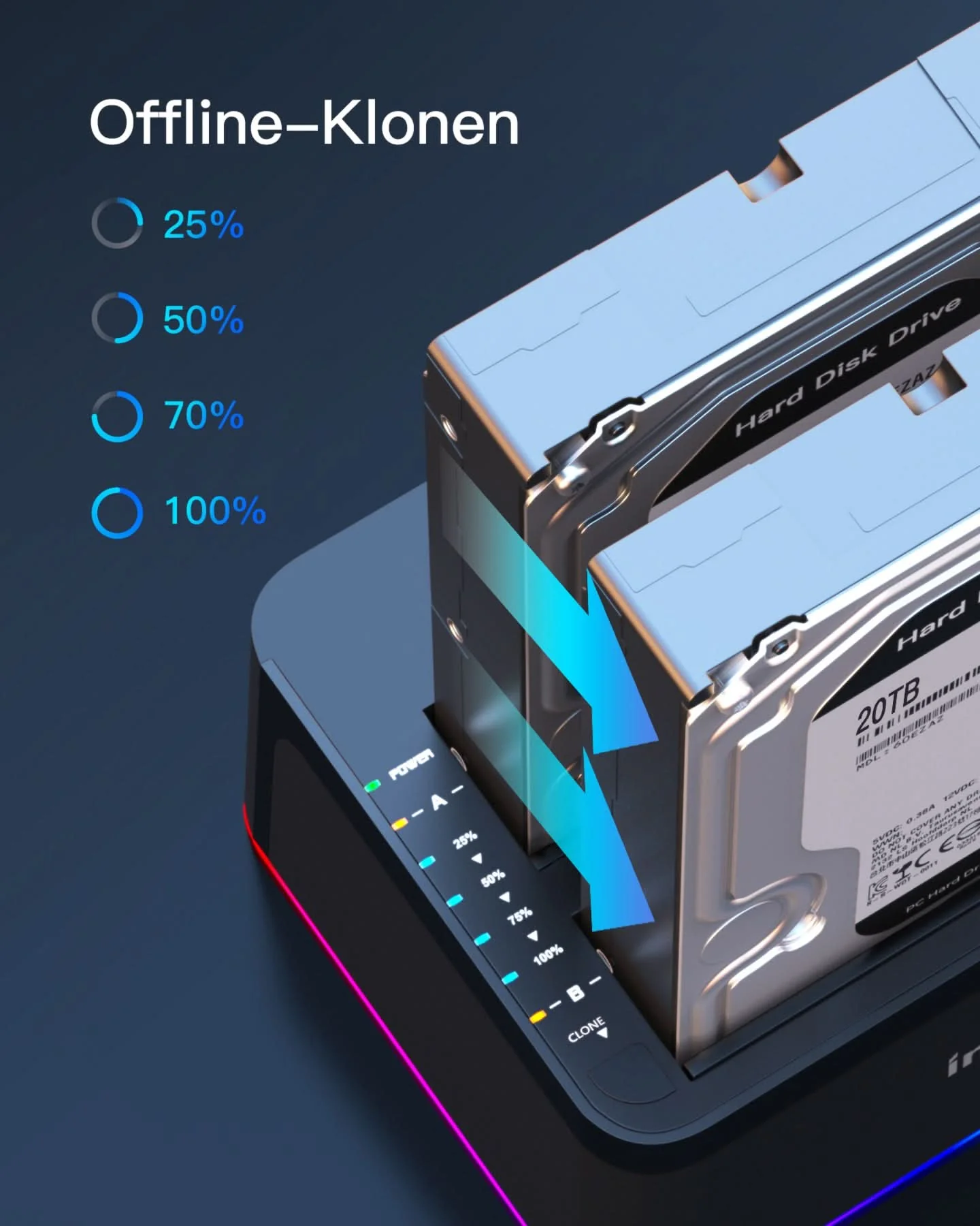 RGB Festplatten Dockingstation USB 3.0 mit Offline-Klonfunktion, für 2.5 u. 3.5 Zoll SATA HDDs und SSDs, UASP Unterstützt SA02003, Schwarz - Image 12