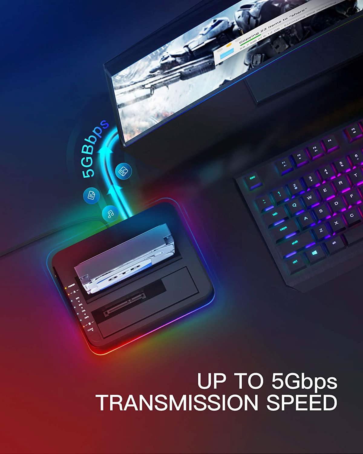 RGB Festplatten Dockingstation USB 3.0 mit Offline-Klonfunktion, für 2.5 u. 3.5 Zoll SATA HDDs und SSDs, UASP Unterstützt SA02003, Schwarz - Image 3