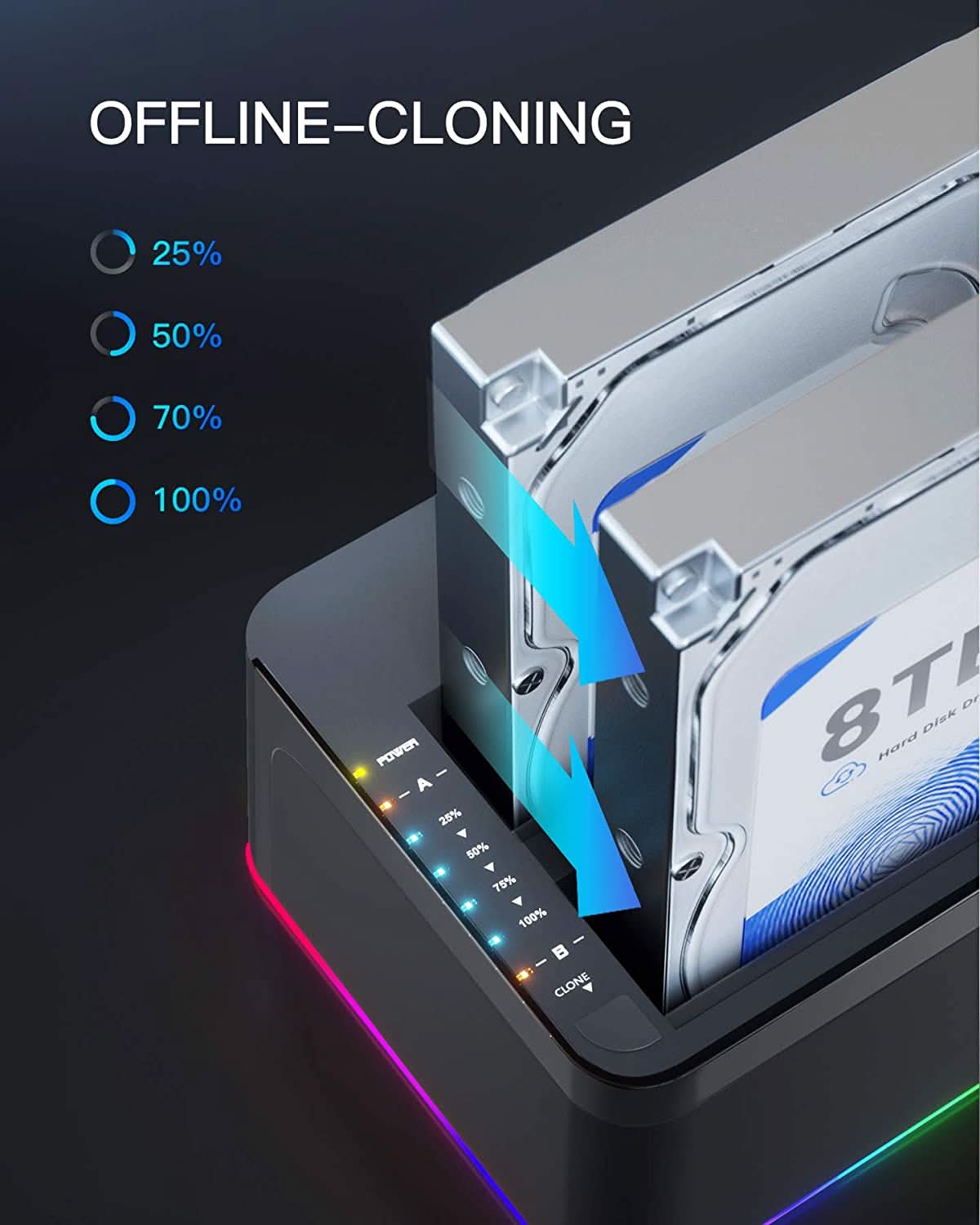 RGB Festplatten Dockingstation USB 3.0 mit Offline-Klonfunktion, für 2.5 u. 3.5 Zoll SATA HDDs und SSDs, UASP Unterstützt SA02003, Schwarz - Image 6