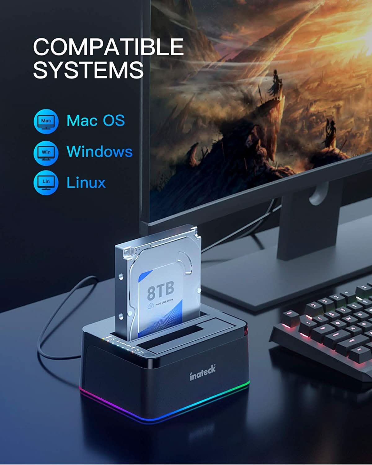 RGB Festplatten Dockingstation USB 3.0 mit Offline-Klonfunktion, für 2.5 u. 3.5 Zoll SATA HDDs und SSDs, UASP Unterstützt SA02003, Schwarz - Image 7