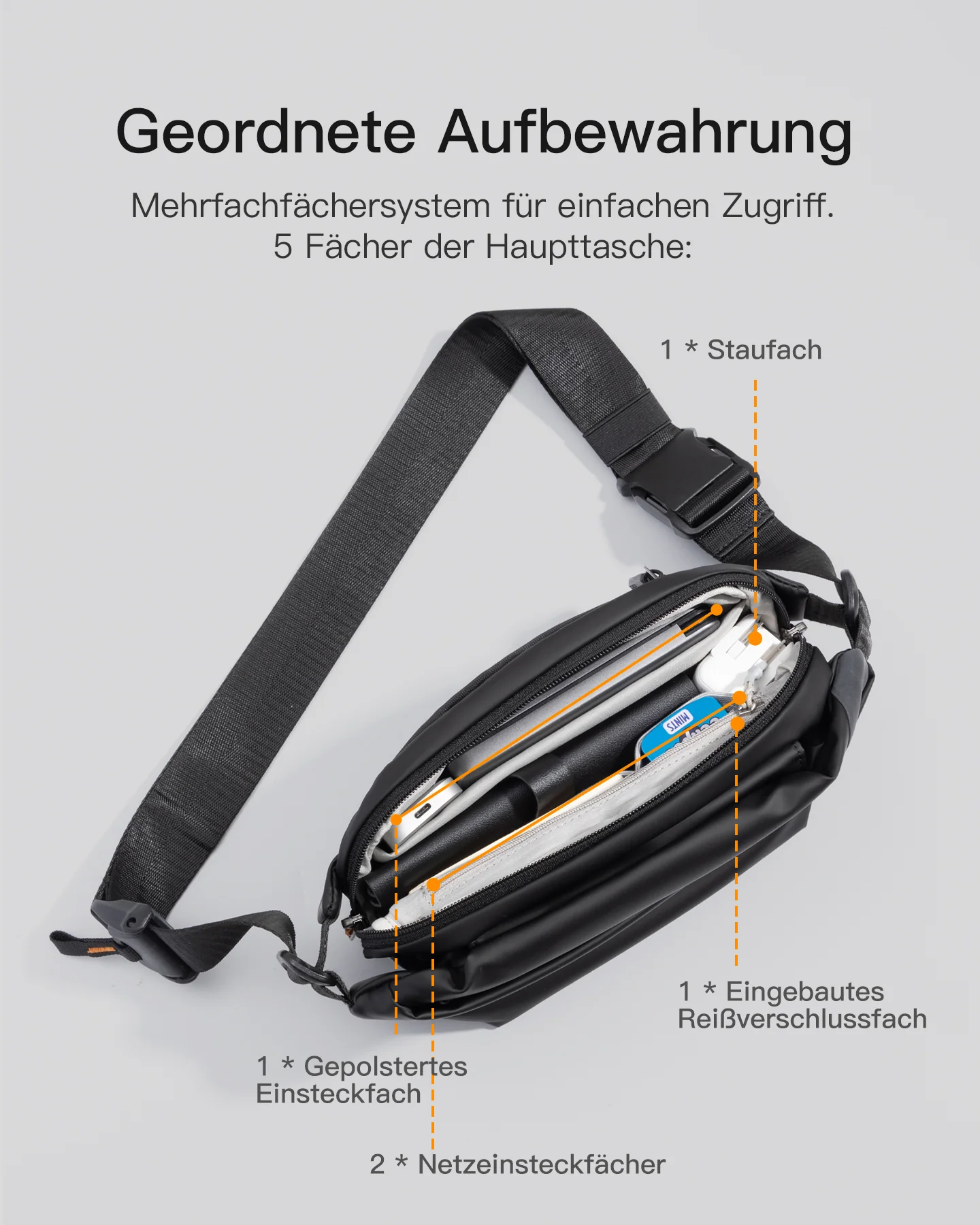 Sling Bag mit 19 eingebaute Taschen, stylische Crossbody Bag mit verstellbarem Schultergurt, LB03014 - Image 12