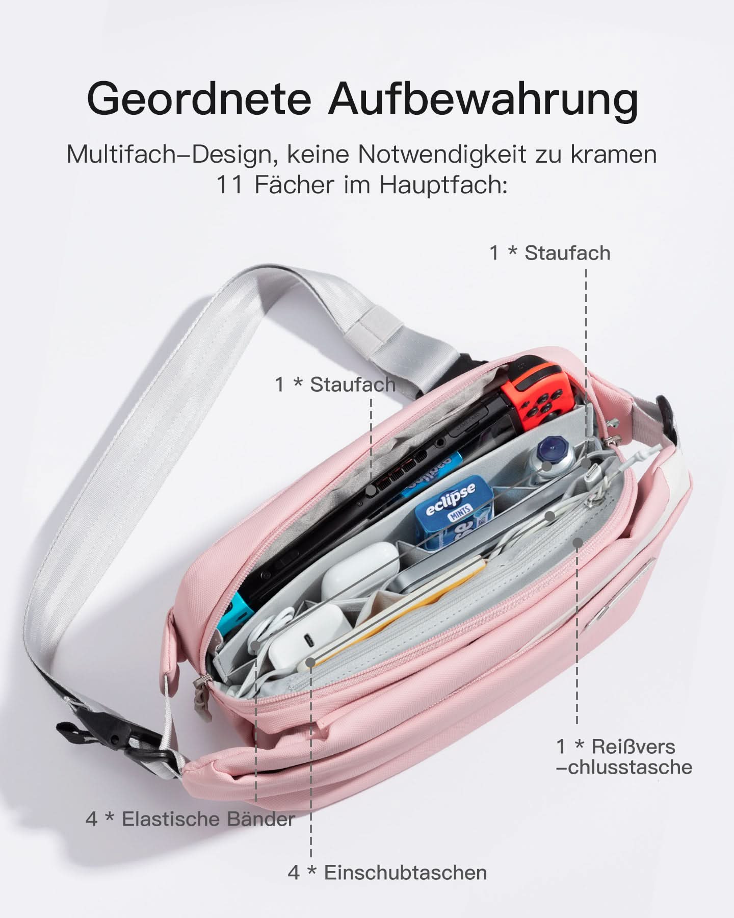 Sling Bag mit 19 eingebaute Taschen, stylische Crossbody Bag mit verstellbarem Schultergurt, LB03014 - Image 43