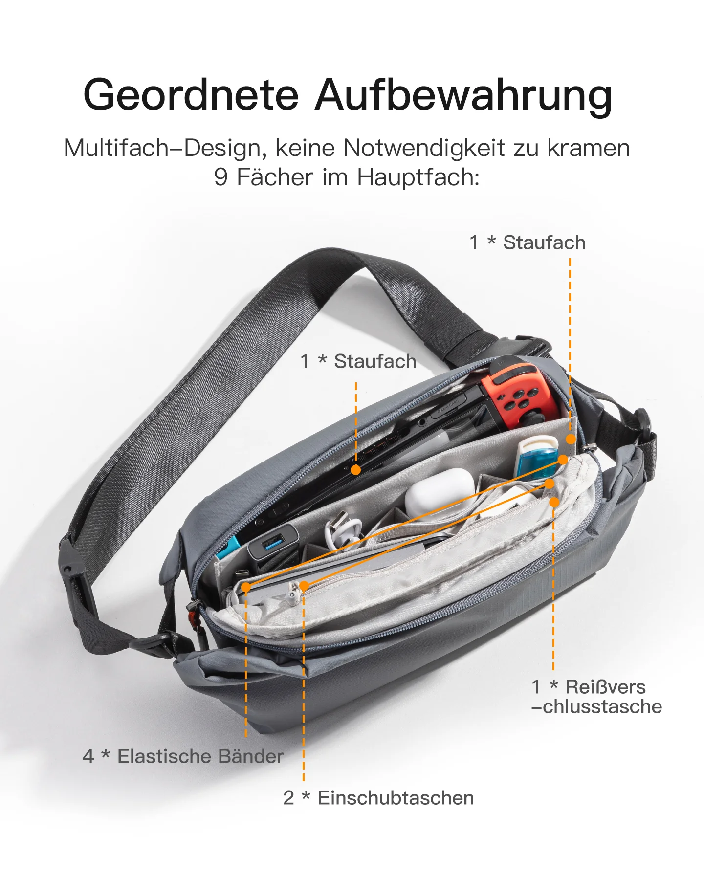 Sling Bag mit 19 eingebaute Taschen, stylische Crossbody Bag mit verstellbarem Schultergurt, LB03014 - Image 49