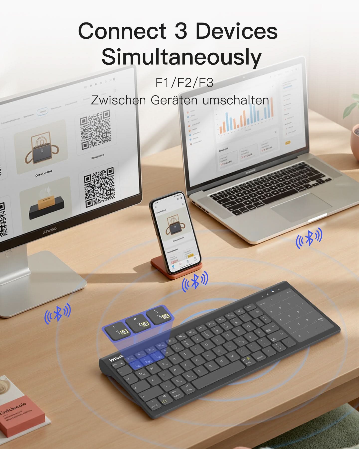 Tablet Tastatur, 3 BT-Kanäle, Kompatibel mit iPadOS/Samsung/Android/Windows, KB06103 - Image 4