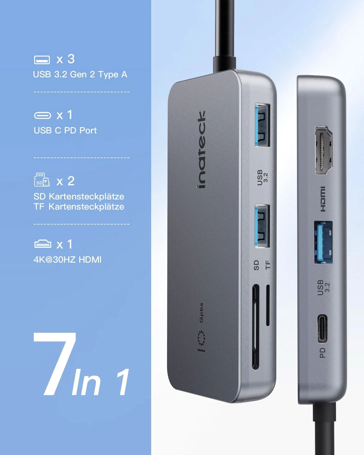 USB C Hub mit 7 Ports, USB 3.2 Gen 2, mit 4K HDMI Port, 50cm Kabel, HB2027 - Image 3